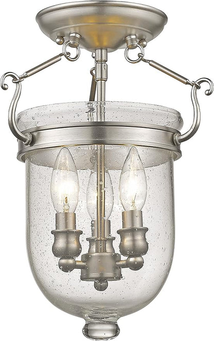 Livex Lighting 5081-91 Jefferson 3 Light Brushed Nickel Bell Jar Semi Flush with Seeded Glass