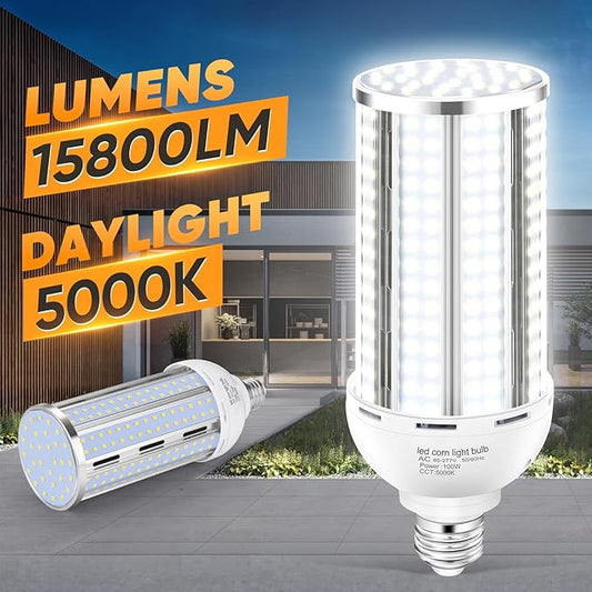 2 Pack 100W Corn LED Light Bulb Fanless,5000K Daylight(1000 Watt Equivalent) E26/E39 Large Mogul Base LED Cob Lamp 15,800LM for Outdoor Indoor Garage Warehouse Factory Workshop Street Backyard