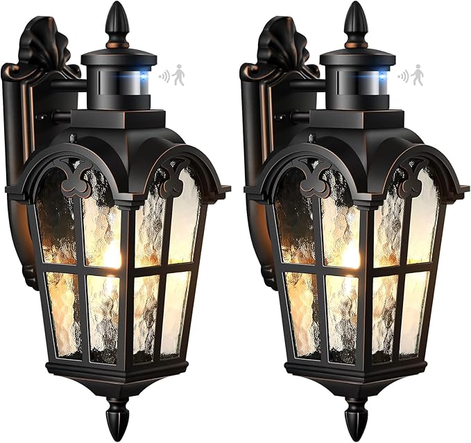 VIANIS 2 Pack Motion Sensor Outdoor Lights, Outside Wall Lights Black with Gold Trim, Waterproof Dusk to Dawn Outdoor Lighting, Exterior Light Fixtures for House Porch Entryway Front Door