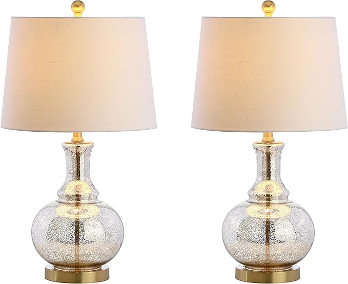 JONATHAN Y JYL1068A-SET2 25" Mercury Glass Table Lamp Set of 2 for Living Room Bedroom, Contemporary Glam Bedside Nightstand Lamps with White Linen Drum Shade and Brass Gold Base, LED Bulbs Included