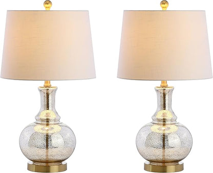 JONATHAN Y JYL1068A-SET2 25" Mercury Glass Table Lamp Set of 2 for Living Room Bedroom, Contemporary Glam Bedside Nightstand Lamps with White Linen Drum Shade and Brass Gold Base, LED Bulbs Included