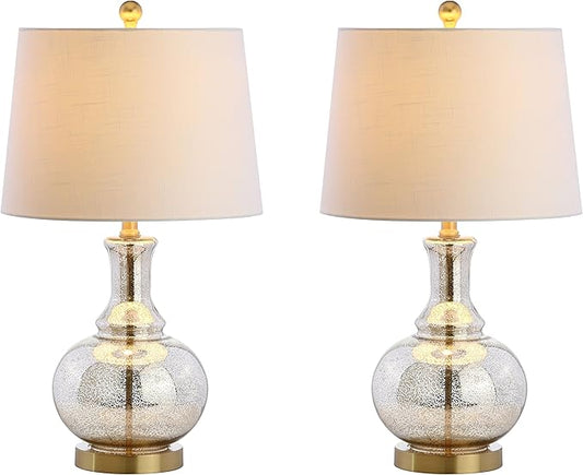 JONATHAN Y JYL1068A-SET2 25" Mercury Glass Table Lamp Set of 2 for Living Room Bedroom, Contemporary Glam Bedside Nightstand Lamps with White Linen Drum Shade and Brass Gold Base, LED Bulbs Included