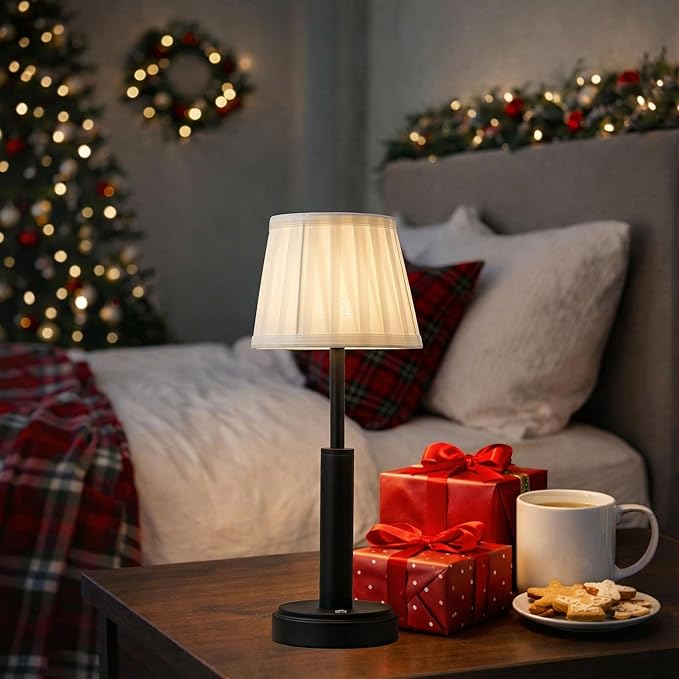 H16 Inch Modern Classic Black Fabric Shade Rechargeable LED Table Lamp Touch Control Cordless USB Nightstand Lamp with Stepless Dimming for Bedroom Gift for Christmas