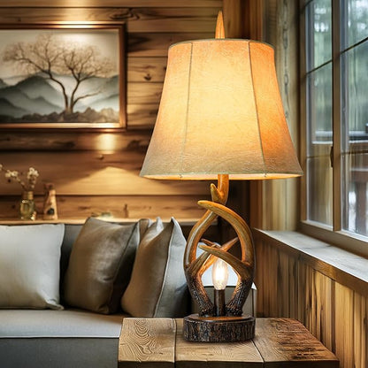 Scenekoy Rustic Farmhouse Antlers Bedside Table Lamp Set of 2 with Nightlight Dual USB Ports Leather Soft Bell Shade Brown Finish nightstand Lamp Decor for Living Room Bedroom Office House Hotel