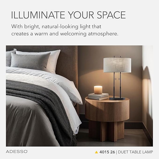 Adesso Duet Table Lamp with Dual Pull Chains, Antique Bronze Finish, Taupe Fabric Shade – 27” Tall, Versatile Bedside Table or Desk Lamp