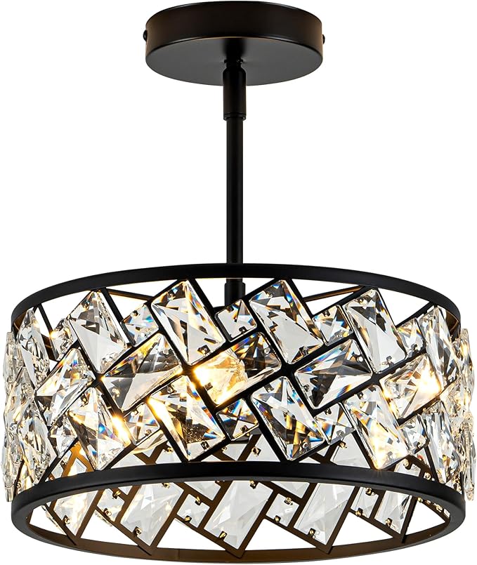 3-Light Crystal Ceiling Light Fixture, Modern Semi Flush Mount Ceiling Light, Black Crystal Chandelier for Kitchen Bedroom Bathroom Entryway Hallway