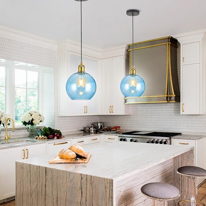 Blue Glass Pendant Lights Kitchen Island Lighting Globe Pendant Light Fixtures Modern Hand Blown Glass Lighting for Kitchen Island Bedroom Dining Room-7.8Inch
