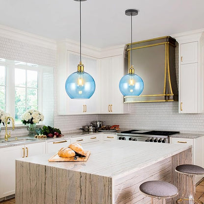 Blue Glass Pendant Lights Kitchen Island Lighting Globe Pendant Light Fixtures Modern Hand Blown Glass Lighting for Kitchen Island Bedroom Dining Room-7.8Inch