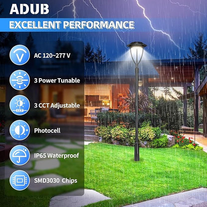 ADUB LED Post Light with Photocell, 150W 120W 90W Post Top Lights 3000K 4000K 5000K Adjustable Wattage & CCT, 21000LM Outdoor Pole Light Fixture DLC ETL Listed, IP65 Commercial Street Area Lighting