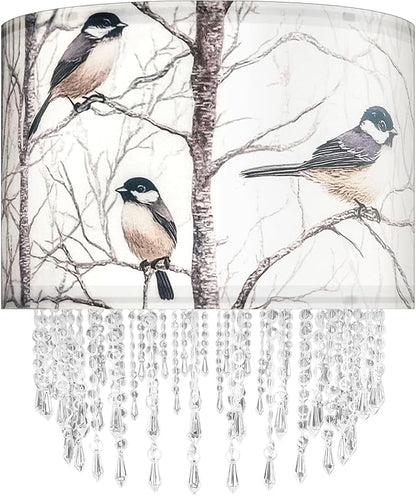 Winter Bird Tree Lamp Shade with Acrylic Bead Droplets, Blue Jay Fabric Light Shade for Pendant Table & Floor Lamp, Nature Gift for Bird lover or Garden Women, 15.7in