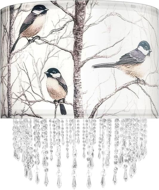 Winter Bird Tree Lamp Shade with Acrylic Bead Droplets, Blue Jay Fabric Light Shade for Pendant Table & Floor Lamp, Nature Gift for Bird lover or Garden Women, 15.7in