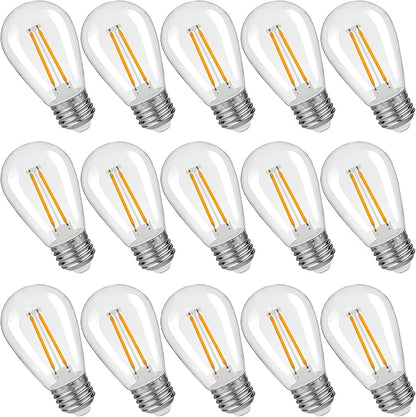 S14 Replacement LED Light Bulbs, Shatterproof & Waterproof 2W S14 Edison LED Bulbs, Outdoor String Lights, E26 Base Patio Lights, Warm White 2200K Plastic 150ML Non-Dimmable 15 Pack