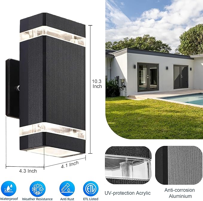 Up and Down Outdoor Wall Light, RGB Color Changing Wall Lights,App&Voice Control, ETL Listed, Black Square Design, House Wall Sconce 6500K, Outdoor Exterior Lights for Porch, Garage