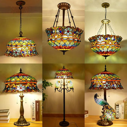 18 Inch Lamp Shade Replacement, Only Tiffany Style Stained Glass Lamp Chimney Straw Hat Floral Design, Baroque Rose Sunflower Orange Green Beige Fit for Table Lamp Pendant Light Floor Lamp,D