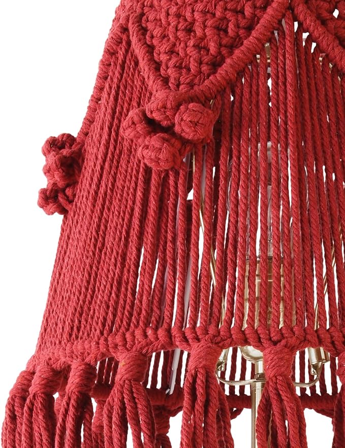 Wine Red Boho Woven Lamp Shade Bell Tassels Lampshade 7.5``Top x 12``Bottom x 11``High(Spider) Medium Handmade Lamp Shades for Table & Bedside Lamp - Easy Assemble