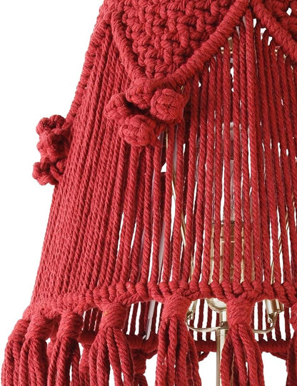 Wine Red Boho Woven Lamp Shade Bell Tassels Lampshade 7.5``Top x 12``Bottom x 11``High(Spider) Medium Handmade Lamp Shades for Table & Bedside Lamp - Easy Assemble