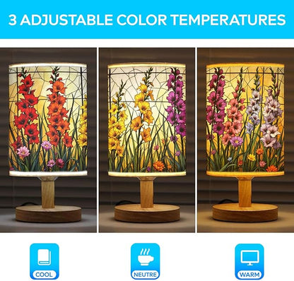 Gladiola Table Lamp LED 3-Color Pressed Bedside, Gladiola Shade Lamp with Wood Base for Bedroom Living Room Desk Office