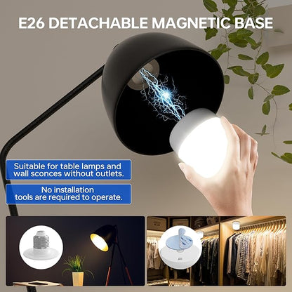 Rechargeable Battery Operated Light Bulb: E26 Wireless LED Night Bulb with Remote Control and Timer for Lamp, 4000mAh 400LM Dimmable Magnetic USB Puck Lights, 3 Color Temperatures+12 RGB Colors, 2pcs