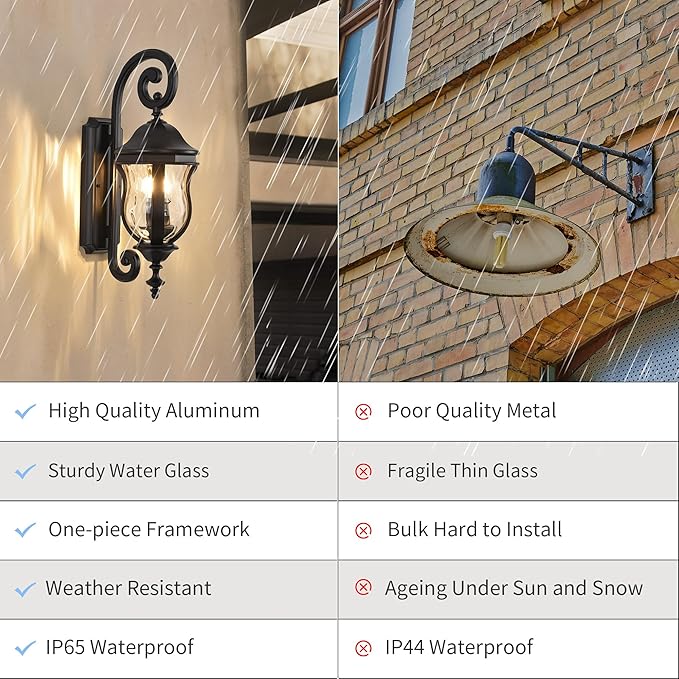 Outdoor Wall Sconces, Black Outdoor Porch Lights, 22.8" H Large Exterior Wall Lanterns, Waterproof Exterior Lighting Fixtures with Water Glass for Patio Garage Doorway