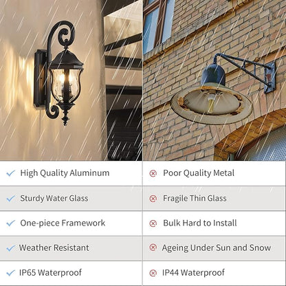 Outdoor Wall Sconces, Black Outdoor Porch Lights, 22.8" H Large Exterior Wall Lanterns, Waterproof Exterior Lighting Fixtures with Water Glass for Patio Garage Doorway