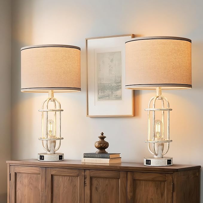 22.3" Farmhouse Table Lamps Set of 2, Vintage Lamps for Living Room End Tables, Bedroom Lamp for NightStand with USB C+A Ports, Antique White