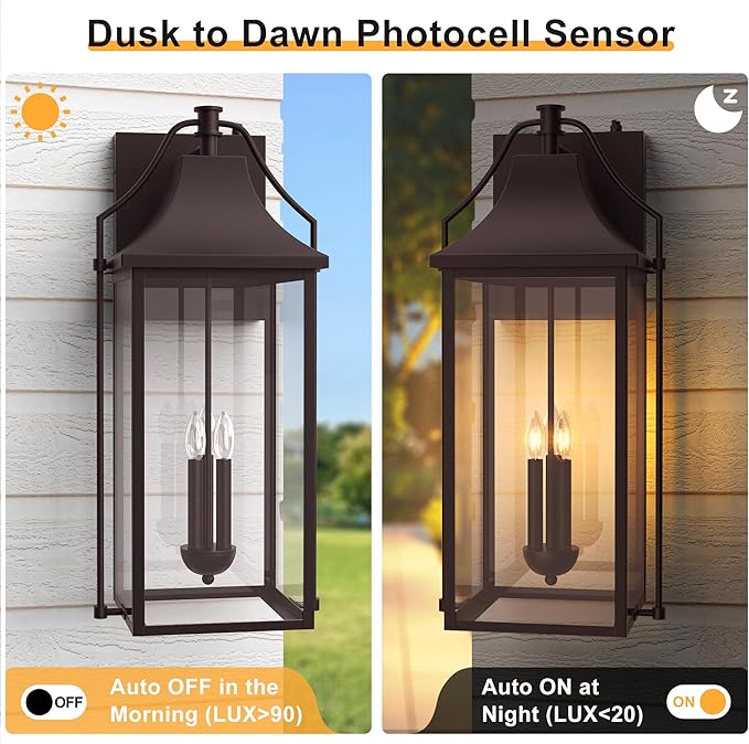 𝟐𝟓-𝐈𝐍𝐂𝐇 Dusk to Dawn Outdoor Wall Light, Large Size Waterproof Patio Lanterns, 3-Light Oil Rubbed Bronze Exterior Wall Mount Outside Sconce with Glass for House