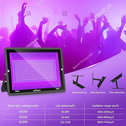 2 Pack 600W LED Black Lights, 395nm to 410nm Outdoor Flood Blacklight Light with Plug, IP66 Waterproof forGlow in The Dark, Dance Party, Stage Lighting, Body Paint, Fluorescent Poster, Neon Glow