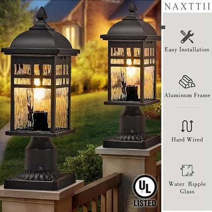 Outdoor Post Lights Black Exterior Pillar Lamp Aluminum Lamp Body and Water Ripple Glass Shade 22 Inch Height Outdoor Post Lighting Fixture for Yard Pathway and Driveway