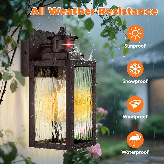 BesLowe 2-Pack Motion Sensor Outdoor Wall Lights, Dusk to Dawn Porch Lights Outdoor Sconces with Water Ripple Glass, Brown Exterior Lighting Fixtures Wall Mount, Outside Lights for House Front Door