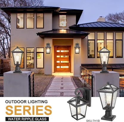 Outdoor Lights Fixtures Wall Mount, Outdoor Wall Lantern with Water Ripple Glass, Waterproof Outside Exterior Wall Sconce Lights Fixture for House, Front Porch, Patio, Matte Black, 2Packs