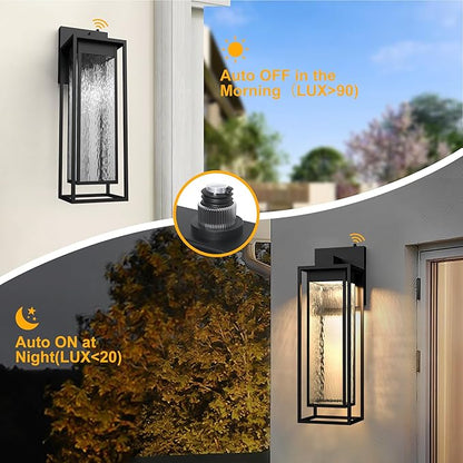 𝟐𝟑𝐈𝐍𝐂𝐇 Extra Large Dusk to Dawn LED Outdoor Light, Black Front Door Light, Rippled Glass Wall Sconce Waterproof Exterior Lighting Fixtures, Outdoor Lights for House Garage Patio