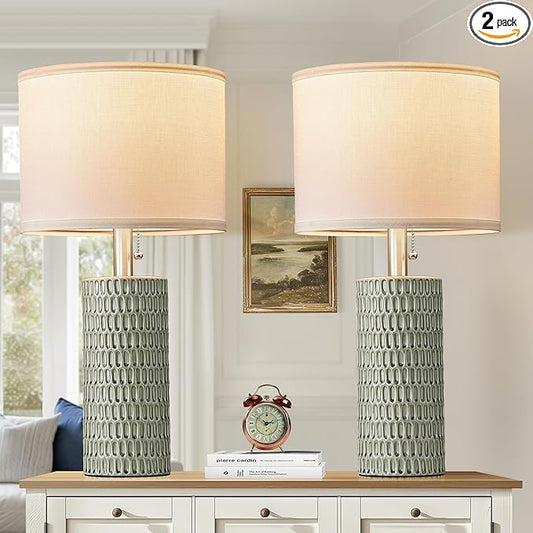 Table Lamps for Living Room Set of 2, Ceramic Table Lamps for Bedroom, 20" Modern Lamps for Night Stands, Green