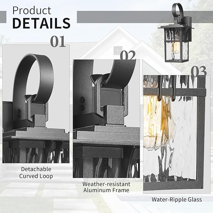 Darkaway Outdoor Wall Light,2pcs Exterior Lighting Fixtures Wall Mount Porch Lights Waterproof Outside Sconce with Water Ripple Glass for House Patio Hallway Garage