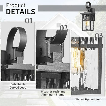 Darkaway Outdoor Wall Light,2pcs Exterior Lighting Fixtures Wall Mount Porch Lights Waterproof Outside Sconce with Water Ripple Glass for House Patio Hallway Garage