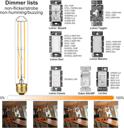 Arberlic 7.3 Inch T10 LED Bulb,6W Tubular Light Bulb Equivalent E26 led Bulb 60 watt dimmable,Warm White 2700K,600lm,CRI85+,AC120V,Clear Glass Long E26 Edison Bulb,Flicker-Free,Pack of 6
