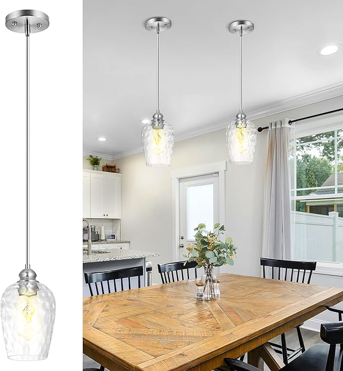 Glass Pendant Lights Kitchen Island, Brushed Nickel Pendant Light Fixtures with Hand-Blown Clear Glass, Modern Hanging Light for Kitchen Sink Dining Room Bedroom, E26 (Clear, 2pack)