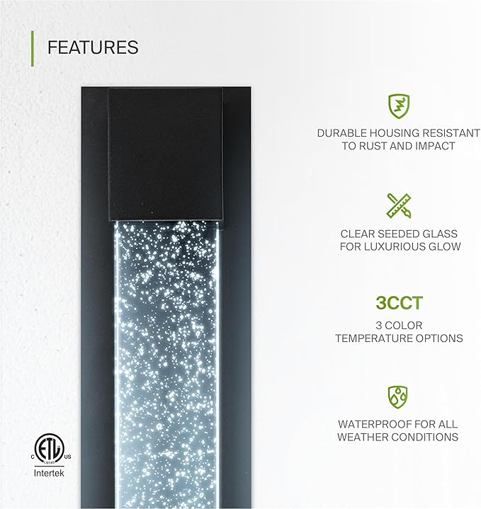 ASD LED 18" Bubble Glass Wall Light Fixture, Outdoor & Indoor Seeded Sconce | 3CCT, Waterproof, Dimmable, ETL Listed | 12W 500LM 3000-5000K 120V | Exterior Lantern, Porch Lighting | Black, 2 Pack