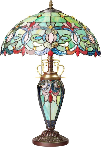 RIVER OF GOODS 24.5" H Victorian Green Dome Shade Double Lit Tiffany-Style Stained Glass Table Lamp