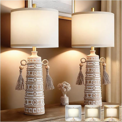 30”H Tall Boho Table Lamp Set of 2 for Bedroom Living Room, Handmade Tassels Antique Bedside Lamp, Adjustable with Memory Function Bulb, Linen Shade, Rotary Switch Resin Lamp for Nightstand Decor