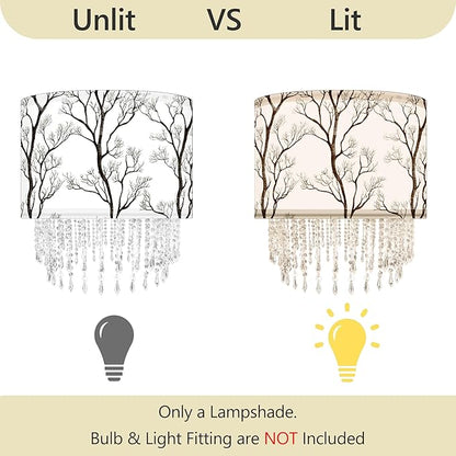 Winter Tree Branch Lamp Shade with Acrylic Bead Droplets, Branch Drum Fabric Light Shade for Pendant Table & Floor Lamp, Traditional Mordern Decor, 15.7in
