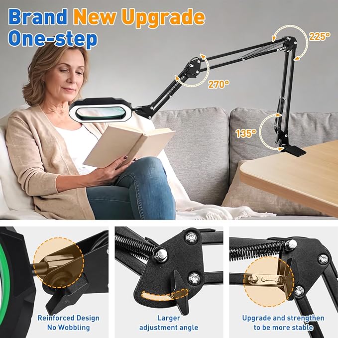 12X Ultra Long 3-Section Swing Arm Lighted Magnifying Glass, NUEYiO 5.3* 3.2" Rectangle Large Magnifier Lamp with Stand, 5 Color Modes LED, 4-way Metal Clip on Workbench Light for Reading Hobby Craft