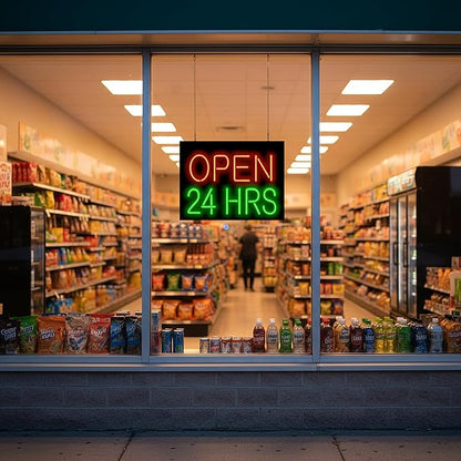 Open 24 Hours Neon Sign - 24" wide x 18" high - Real, Quality Hand Bent Neon - Red & Green Letters