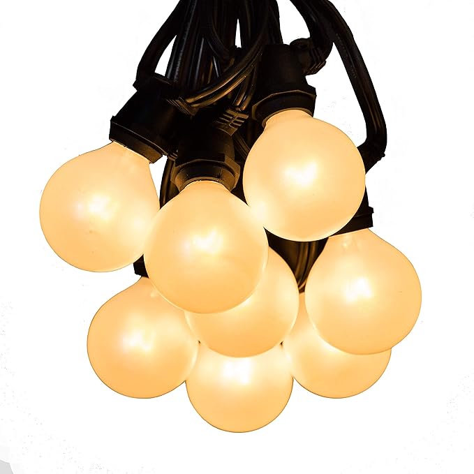 Hometown Evolution, Inc. 50 Foot C9 Commercial Exterior Globe String Lights with 40 G50 2 Inch White Satin Bulbs (Black Wire) for Weatherproof Heavy Duty Vintage Outside Lighting