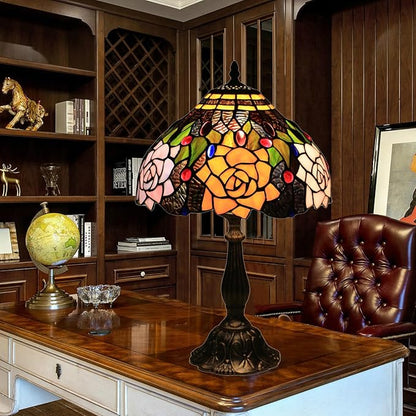 Tiffany Style Table Lamp, 12 Inch Stained Glass Lamp, Antique Table Lamp, Bedside Lamp, for Nightstand Bedroom Living Room Home Office, Rose Flower Pattern, Include LED Bulb