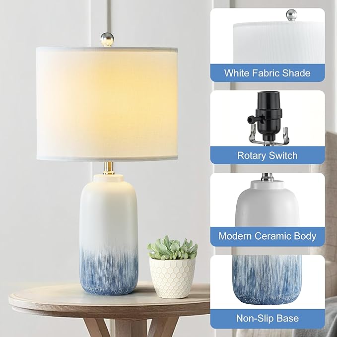 24" Blue Ceramic Table Lamps Set of 2, Modern Coastal Blue Bedside Nightstand Lamp for Living Room, 3 Way Dimmable End Table Lamps for Bedroom Office