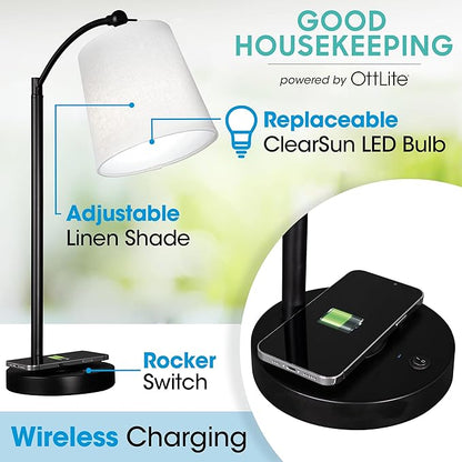 OttLite Good Housekeeping Shaded LED Desk Lamp with Wireless Charging Pad - Designed to Reduce Eyestrain - Adjustable Shade, Replaceable ClearSun LED Bulb, Crafting, Reading Light, Desk Lamp
