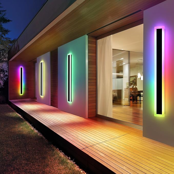 Mikeru Upgraded Widened RGB Long LED Wall Lights, 2Pack 57inch Outdoor Sconces RGB/Warm/White Dimmable Outdoor Wall Lights Exterior Front Porch Light Ip65 Waterproof Wall Sconce with Remote Control