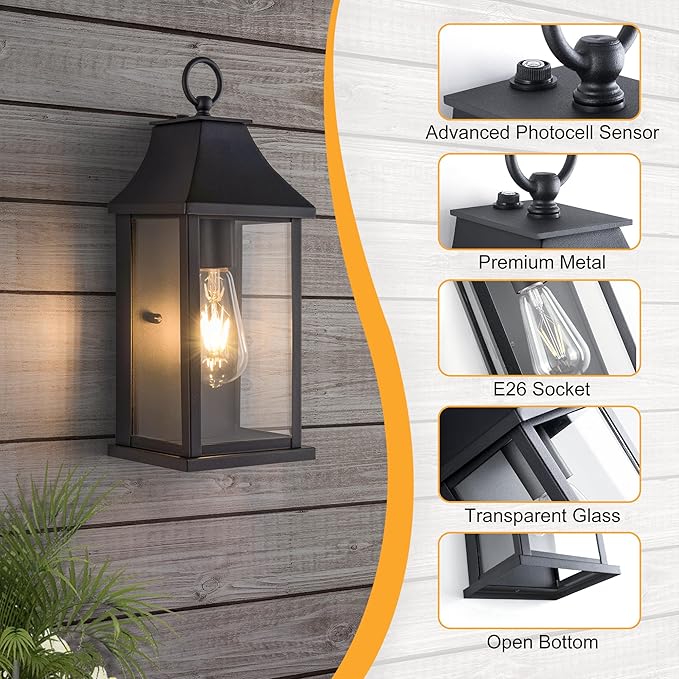 Dusk to Dawn Outdoor Light Fixtures, 15" Outdoor Wall Light Fixtures, Black Exterior Wall Sconce Lights, Waterproof Outside Lantern Lamp for Porch, Front Door, Garage