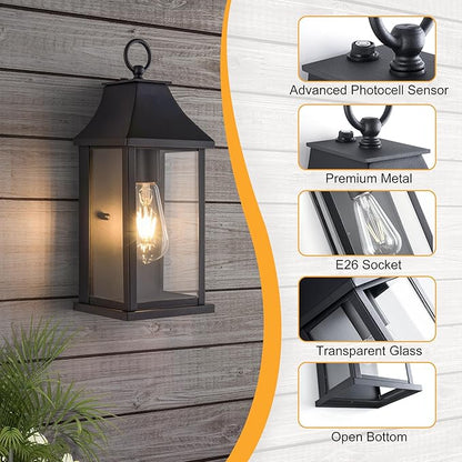 Dusk to Dawn Outdoor Light Fixtures, 15" Outdoor Wall Light Fixtures, Black Exterior Wall Sconce Lights, Waterproof Outside Lantern Lamp for Porch, Front Door, Garage