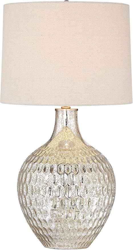 360 Lighting Waylon Modern Glam Luxury Table Lamp 28" Tall Dimpled Textured Mercury Glass Off-White Tapered Drum Shade Decor for Living Room Bedroom House Bedside Nightstand Home Office